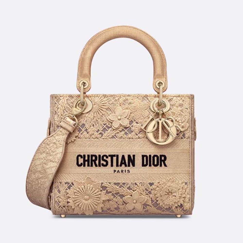 Front view of Dior Women Medium Lady D-lite Bag Natural D-Lace Embroidery with 3D Macramé Effect