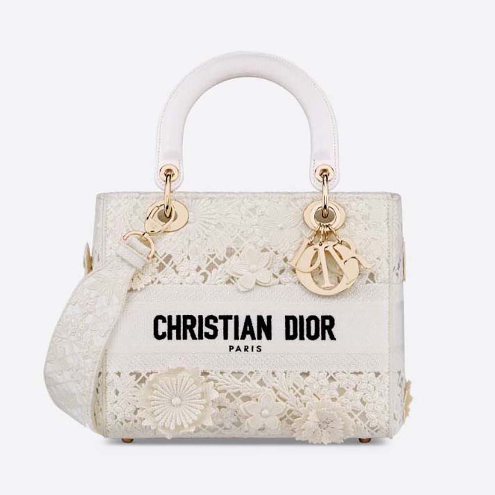 Front view of Dior Women Medium Lady D-lite Bag White D-Lace Embroidery