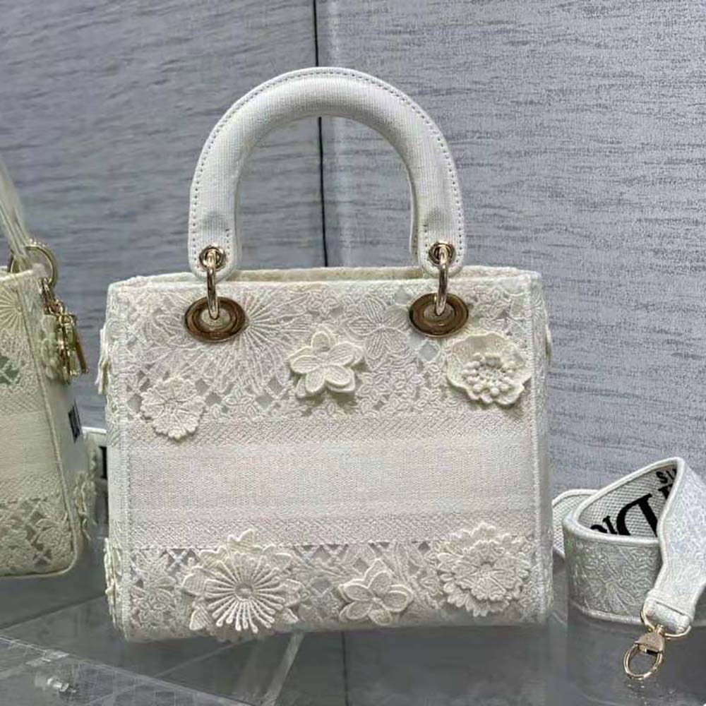 Dior Women Medium Lady D-lite Bag White D-Lace Embroidery with 3D Macramé Effect - image 4