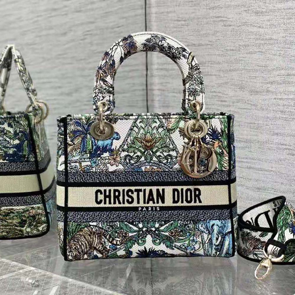 Side angle showcasing polished silver hardware on Dior Women Medium Lady D-lite Bag