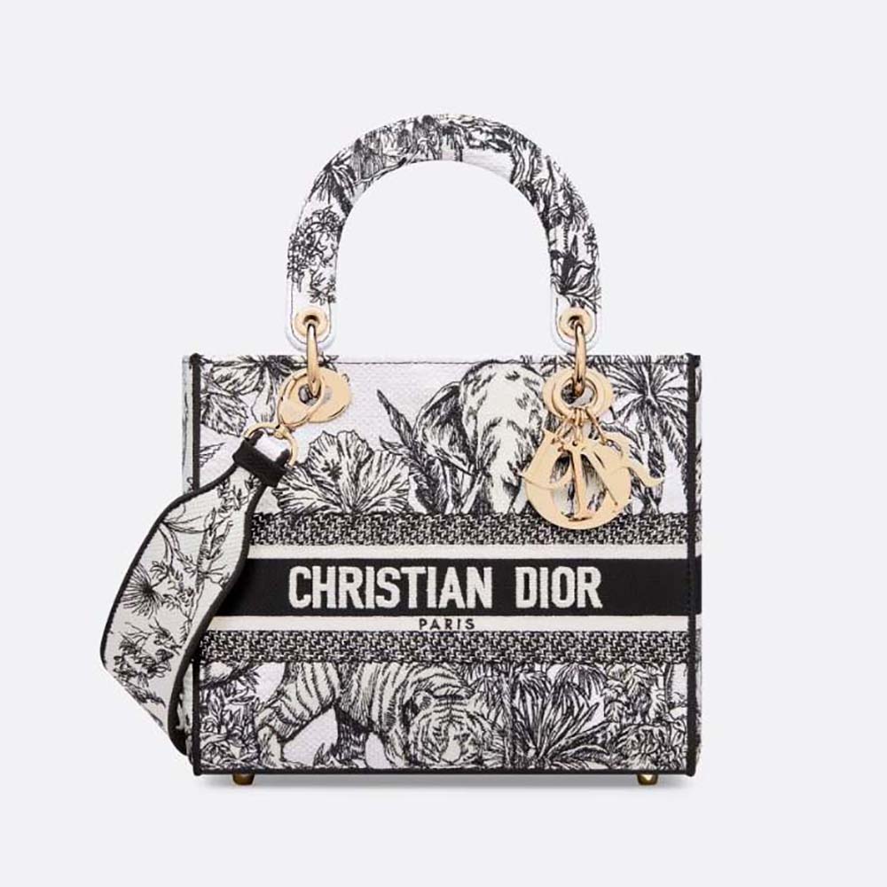 Front view of Dior Women Medium Lady D-lite Bag White and Black Toile de Jouy Voyage Embroidery