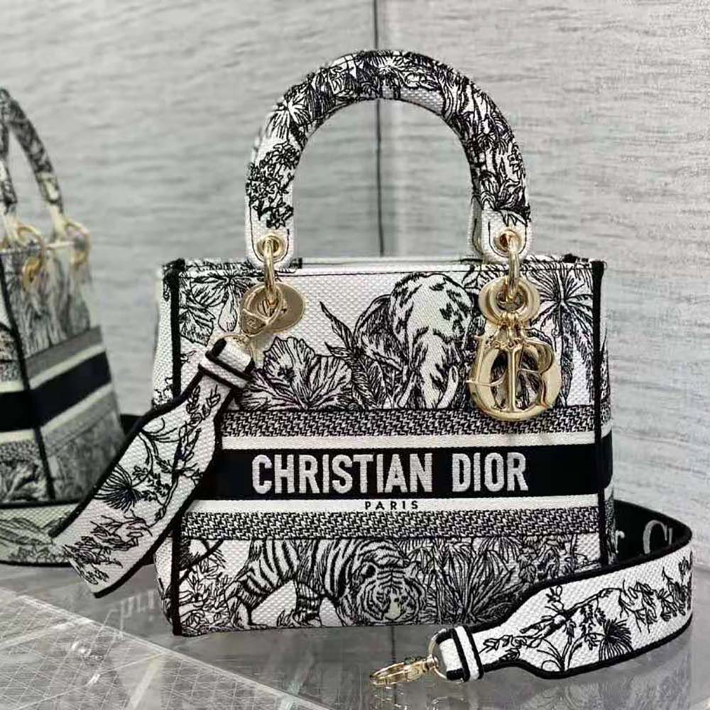 Close-up of Dior embroidery and silver-tone clasp on Lady D-lite Bag