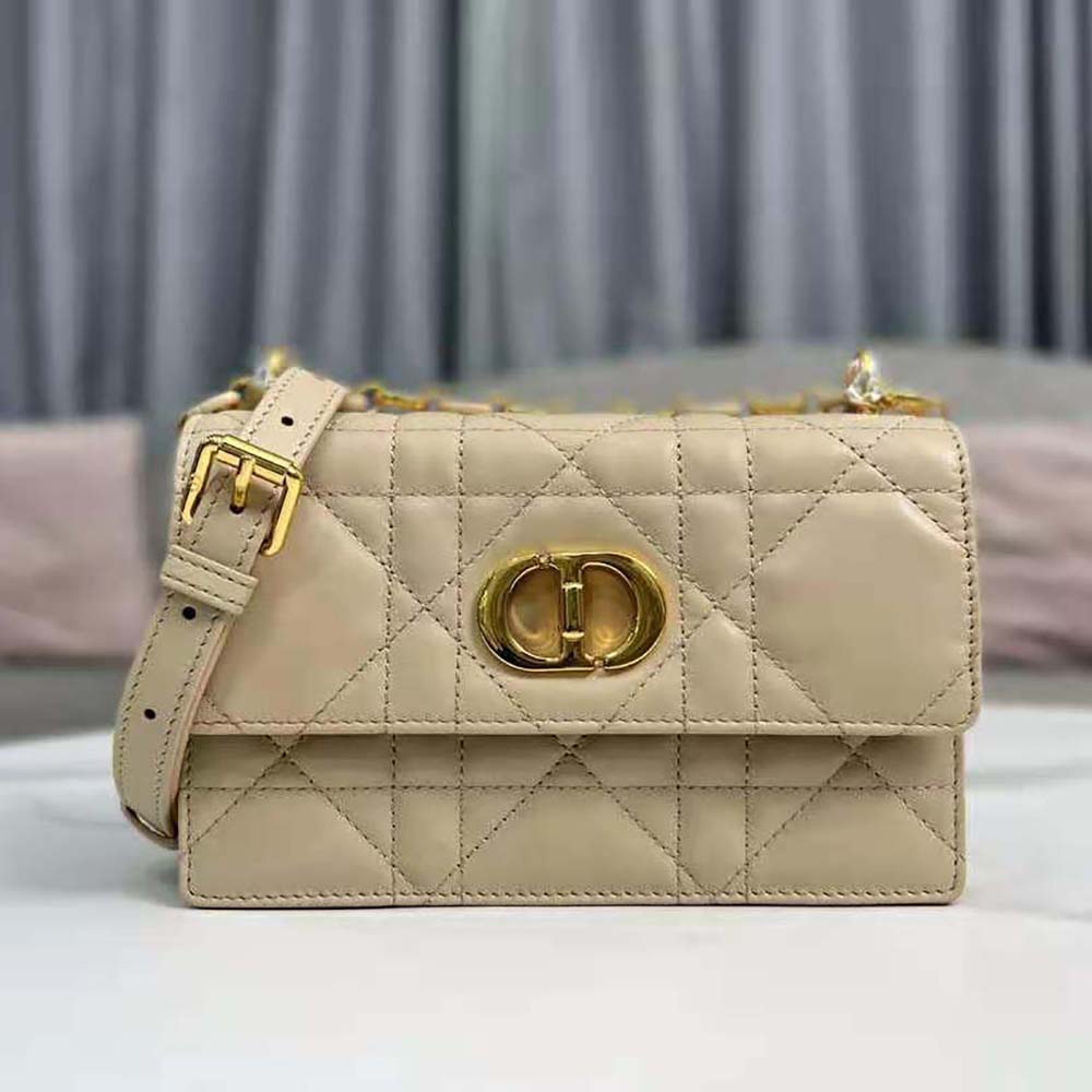 Side angle showing gold clasp and leather texture on Dior Women Miss Caro Mini Bag