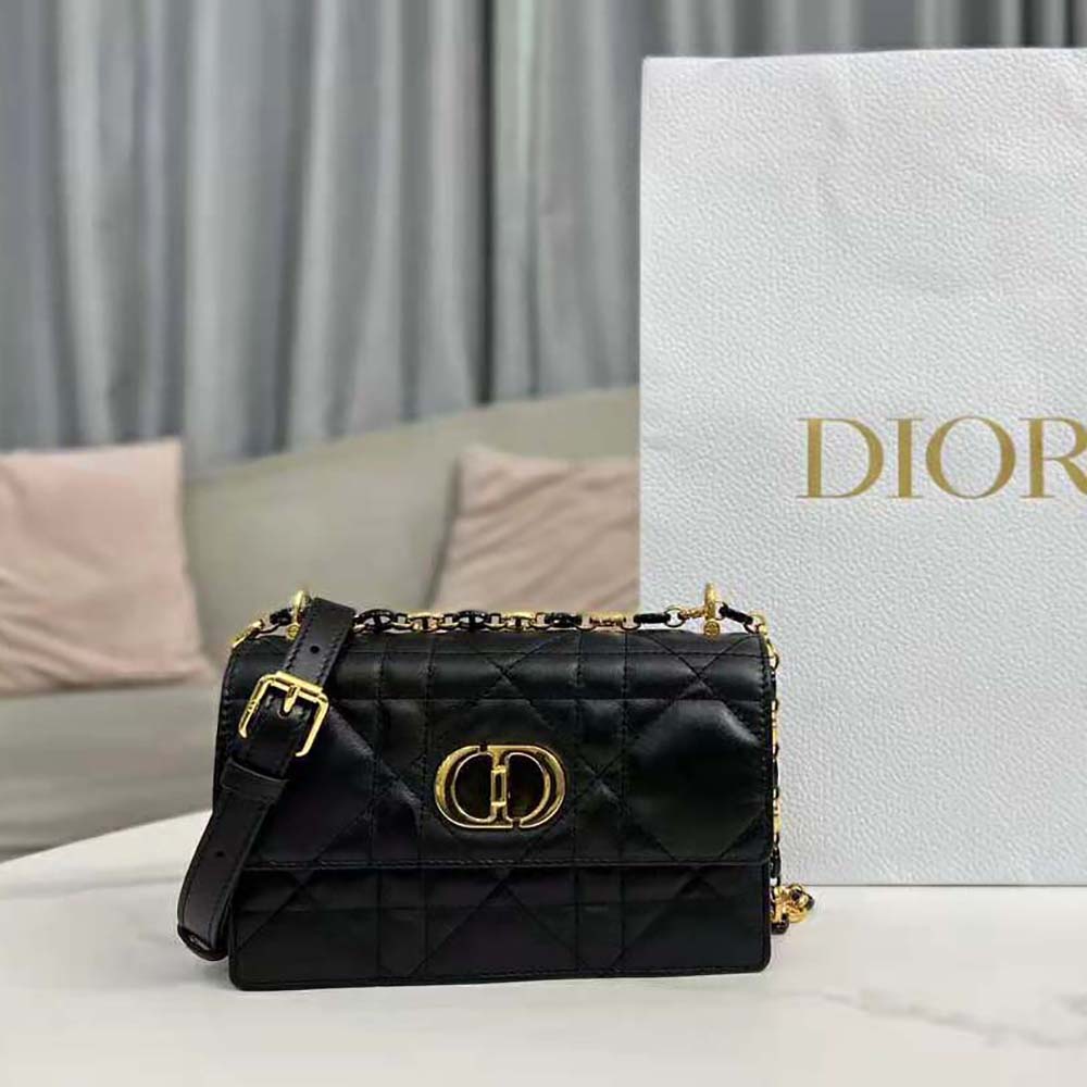 Close-up of gold clasp on Dior Women Miss Caro Mini Bag Caramel Black Macrocannage Lambskin