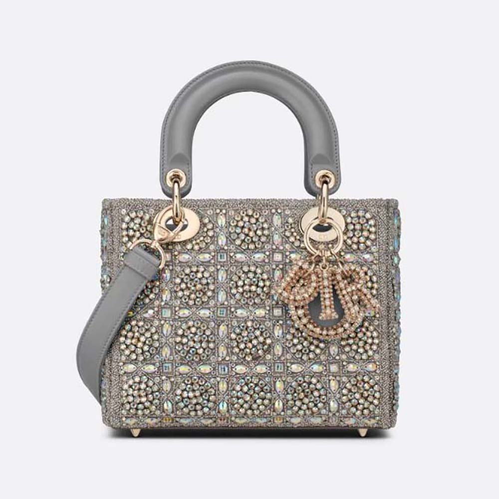 Front view of Dior Women Small Lady Dior Bag Gray Smooth Calfskin and Satin