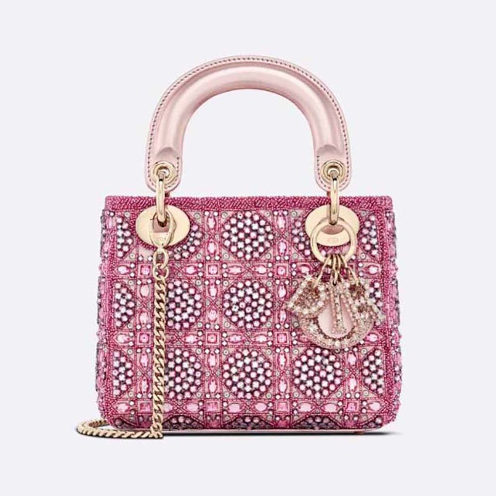 Front view of Dior Women Small Lady Dior Bag Metallic Calfskin and Satin in pink