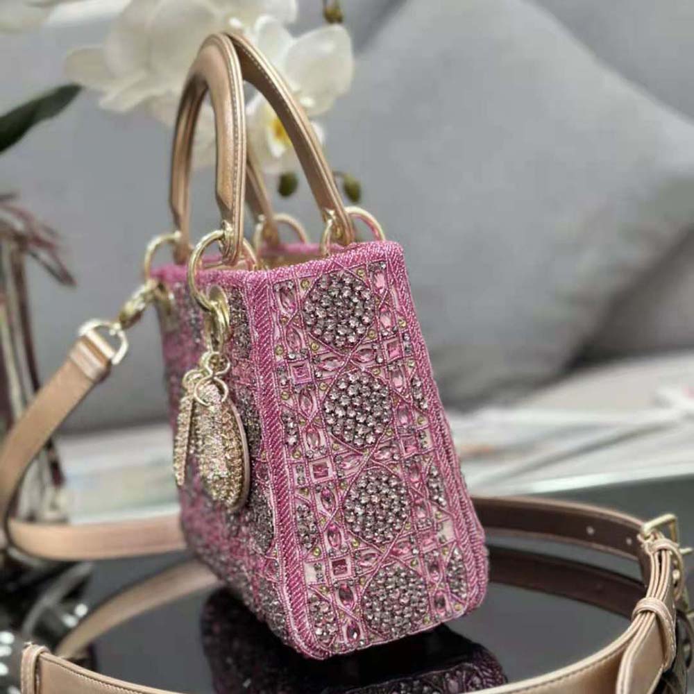 Dior Women Small Lady Dior Bag Metallic Calfskin and Satin with Rose Des Vents Resin Pearl Embroidery - image 4