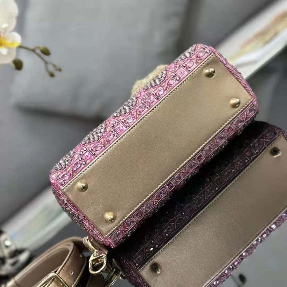 Dior Women Small Lady Dior Bag Metallic Calfskin and Satin with Rose Des Vents Resin Pearl Embroidery - image 6