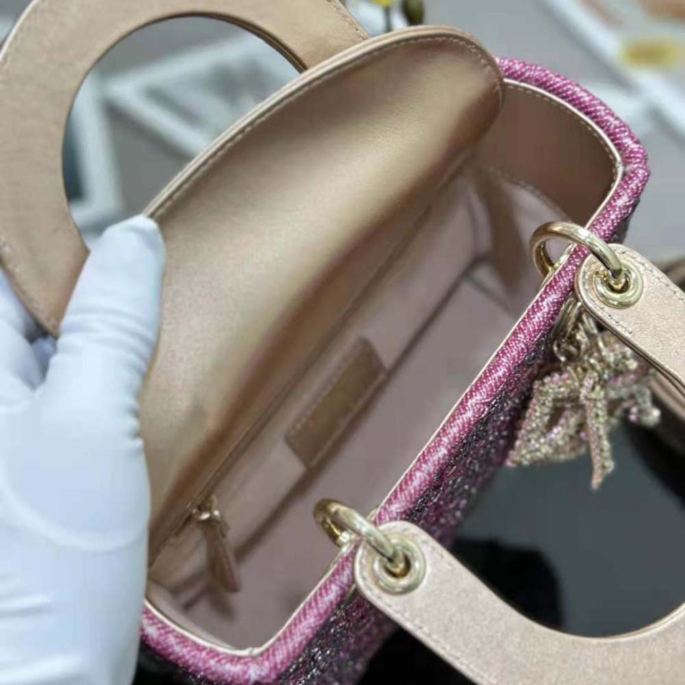 Dior Women Small Lady Dior Bag Metallic Calfskin and Satin with Rose Des Vents Resin Pearl Embroidery - image 9