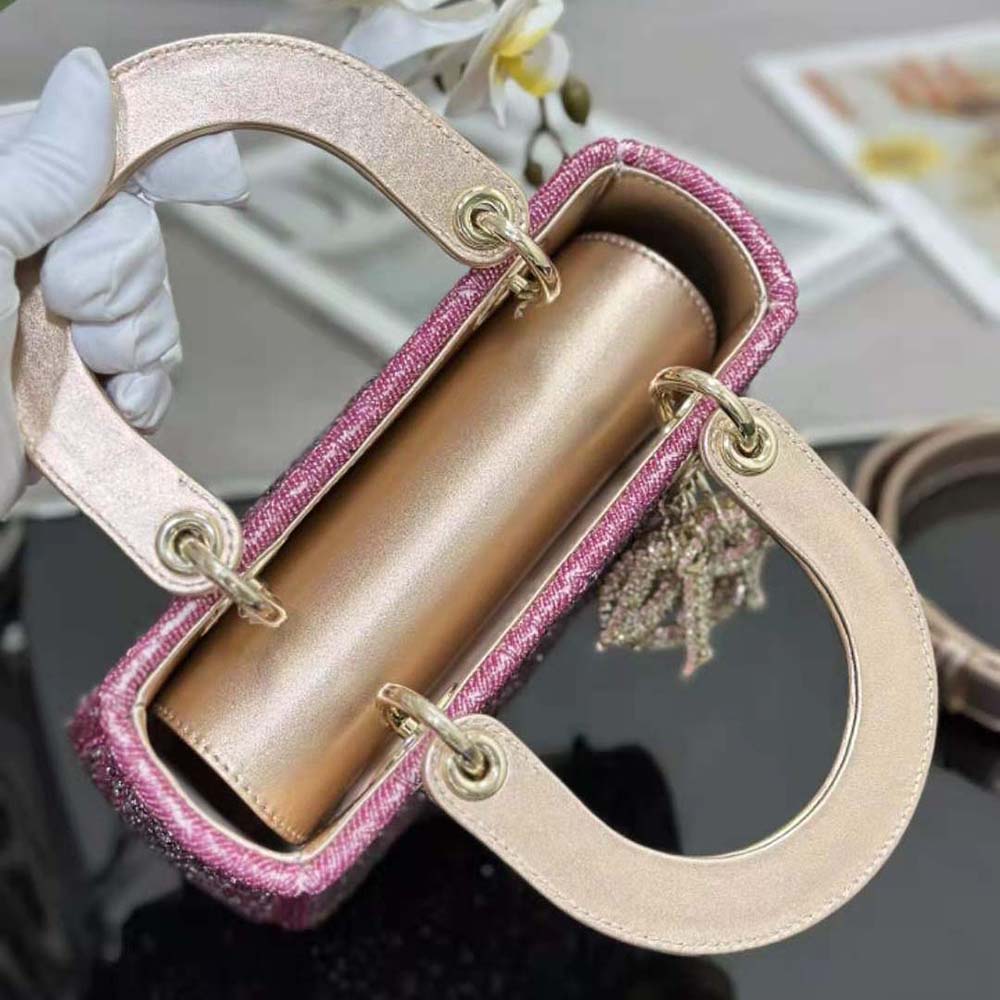 Dior Women Small Lady Dior Bag Metallic Calfskin and Satin with Rose Des Vents Resin Pearl Embroidery - image 5