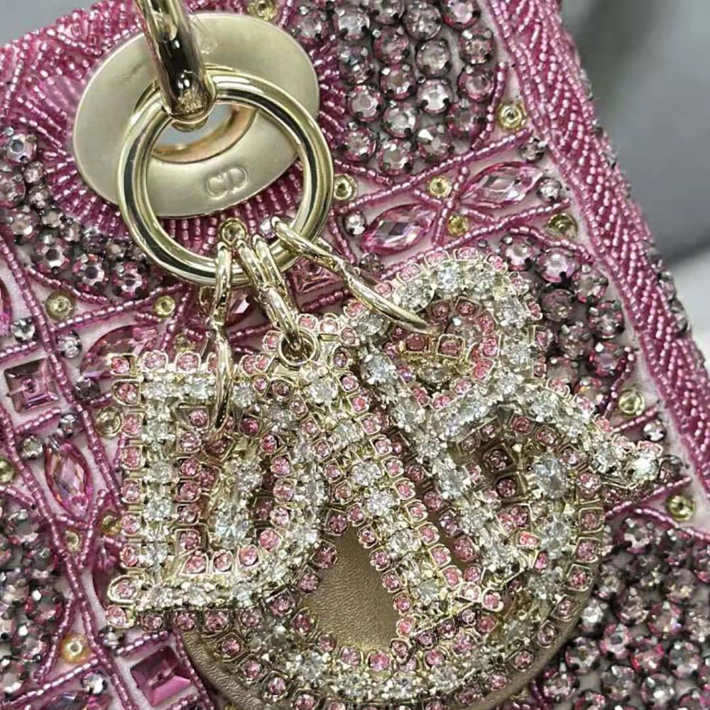 Dior Women Small Lady Dior Bag Metallic Calfskin and Satin with Rose Des Vents Resin Pearl Embroidery - image 8