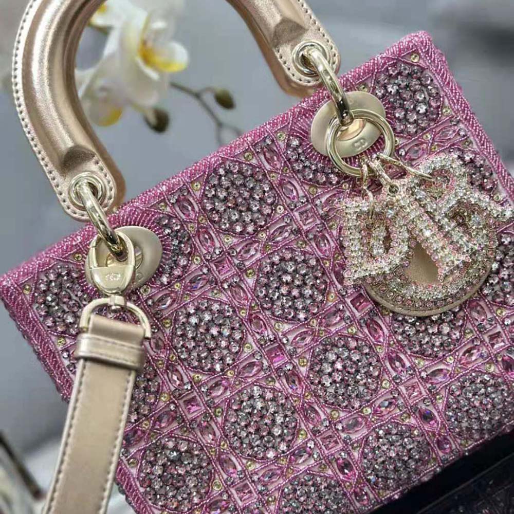 Dior Women Small Lady Dior Bag Metallic Calfskin and Satin with Rose Des Vents Resin Pearl Embroidery - image 7