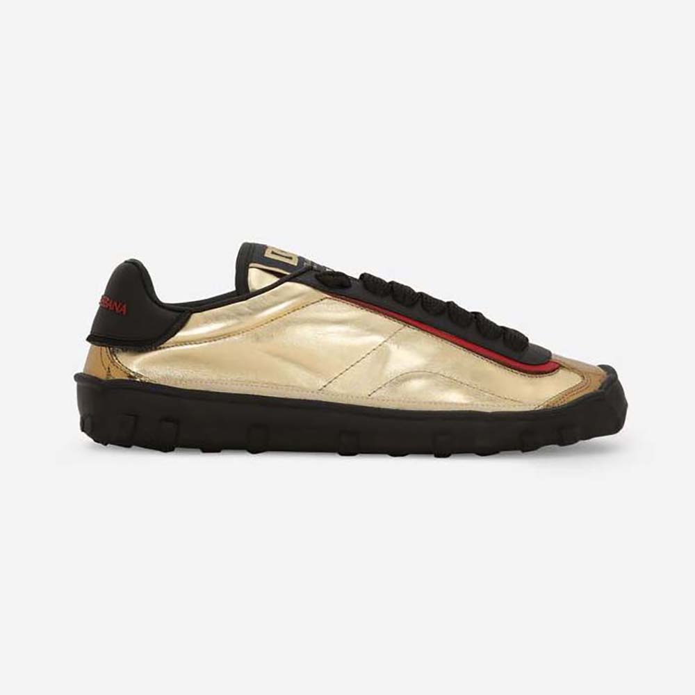 Side view of Dolce Gabbana D&G Men Mixed-material Old Runner Sneakers-Gold