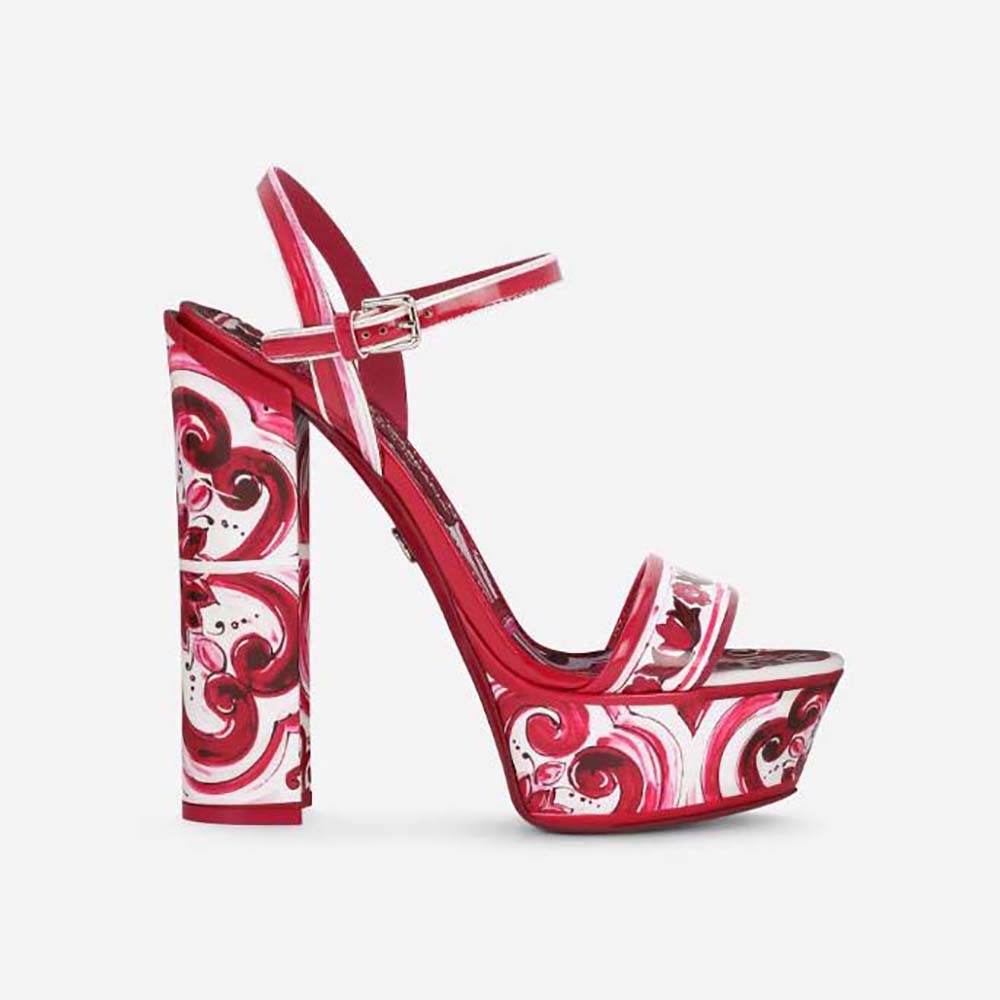 Side view of Dolce Gabbana D&G Women Printed Polished Calfskin Platform Sandals in pink