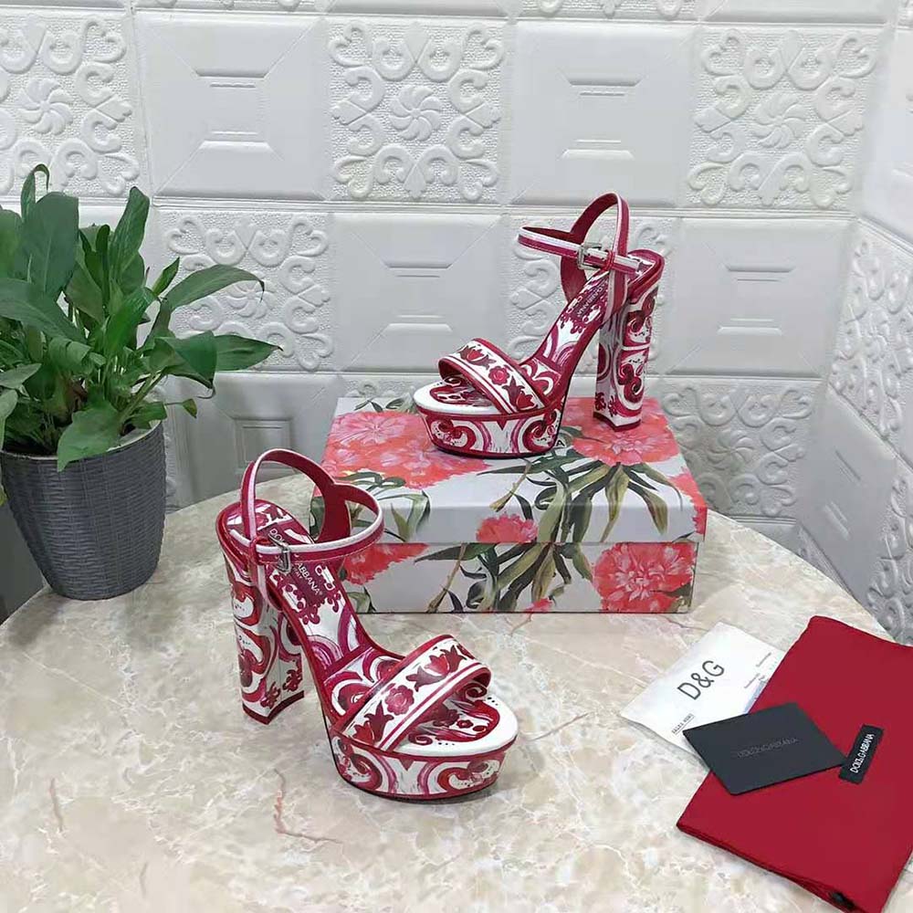 Overhead shot showing printed polished calfskin and ankle strap detail