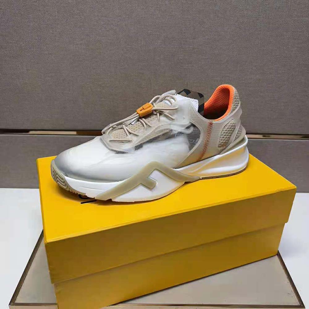 Top view of Fendi Men Flow Beige Nylon Low-tops highlighting lace-up detail