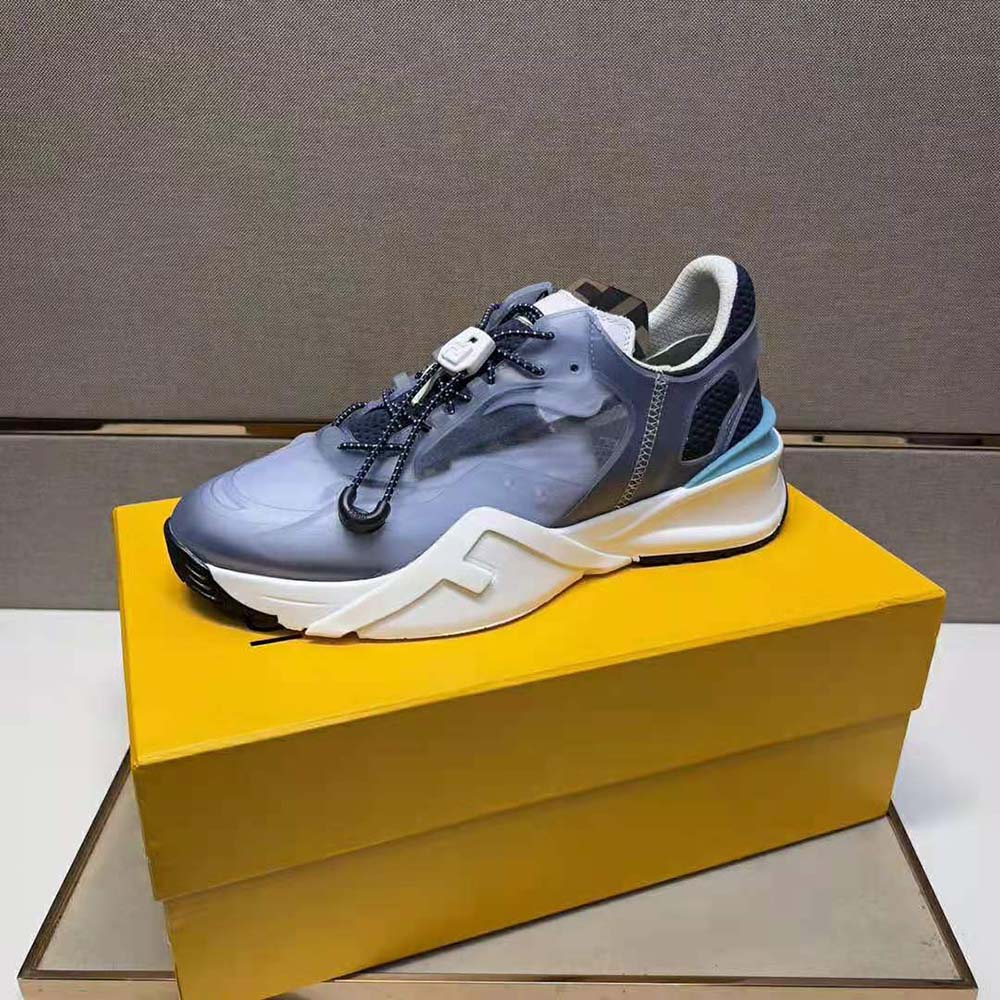 Overhead view highlighting nylon texture of Fendi Men Flow Light Blue Nylon Low-tops