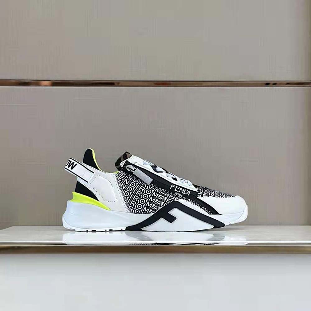 Close-up of lace-up and black nylon material on Fendi Men Flow White Sneakers