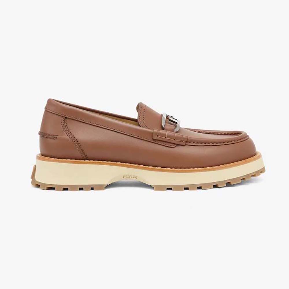 Side view of Fendi Men O’Lock Loafers Brown Leather showing sleek silhouette