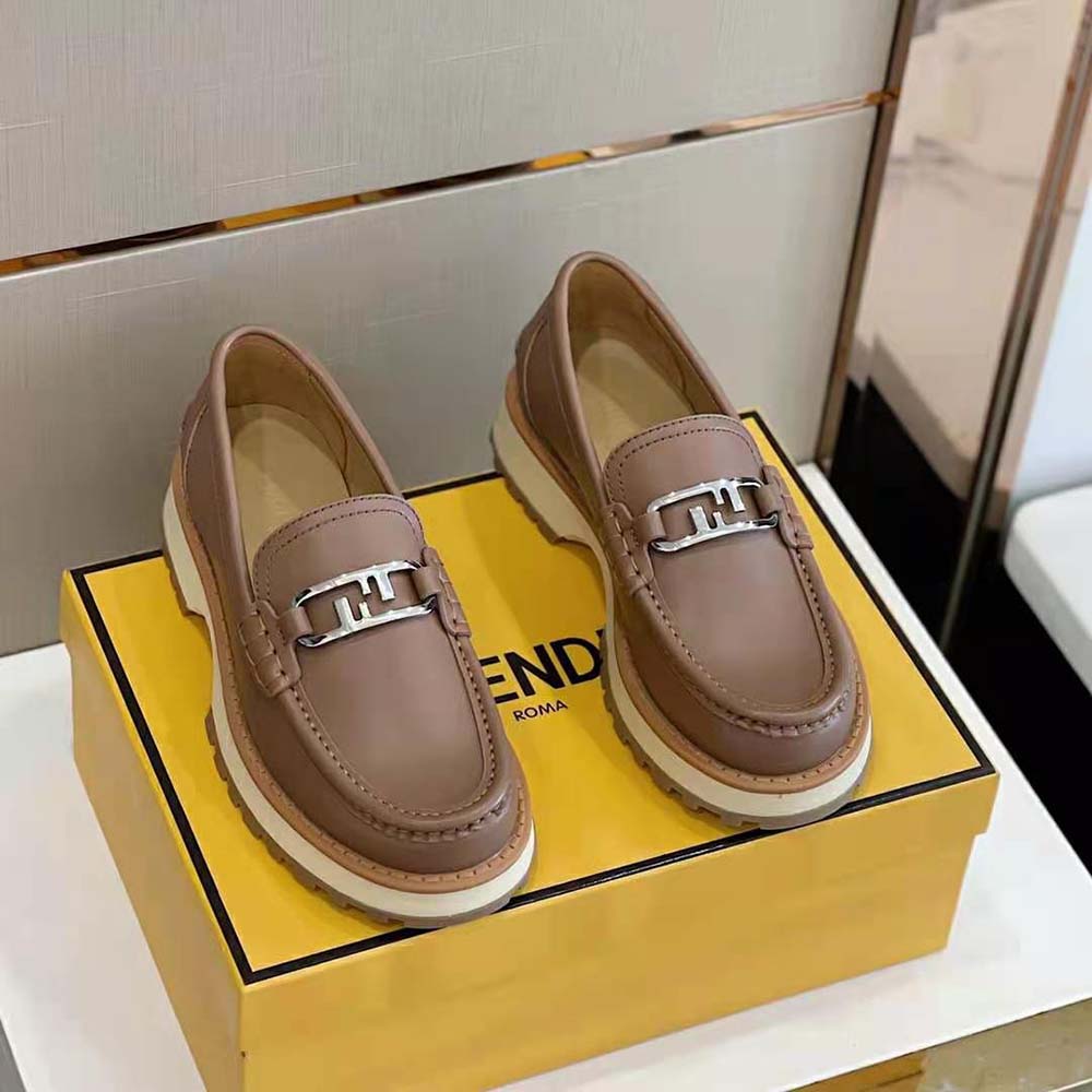 Close-up of gold O’Lock hardware detail on Fendi Men O’Lock Loafers Brown Leather