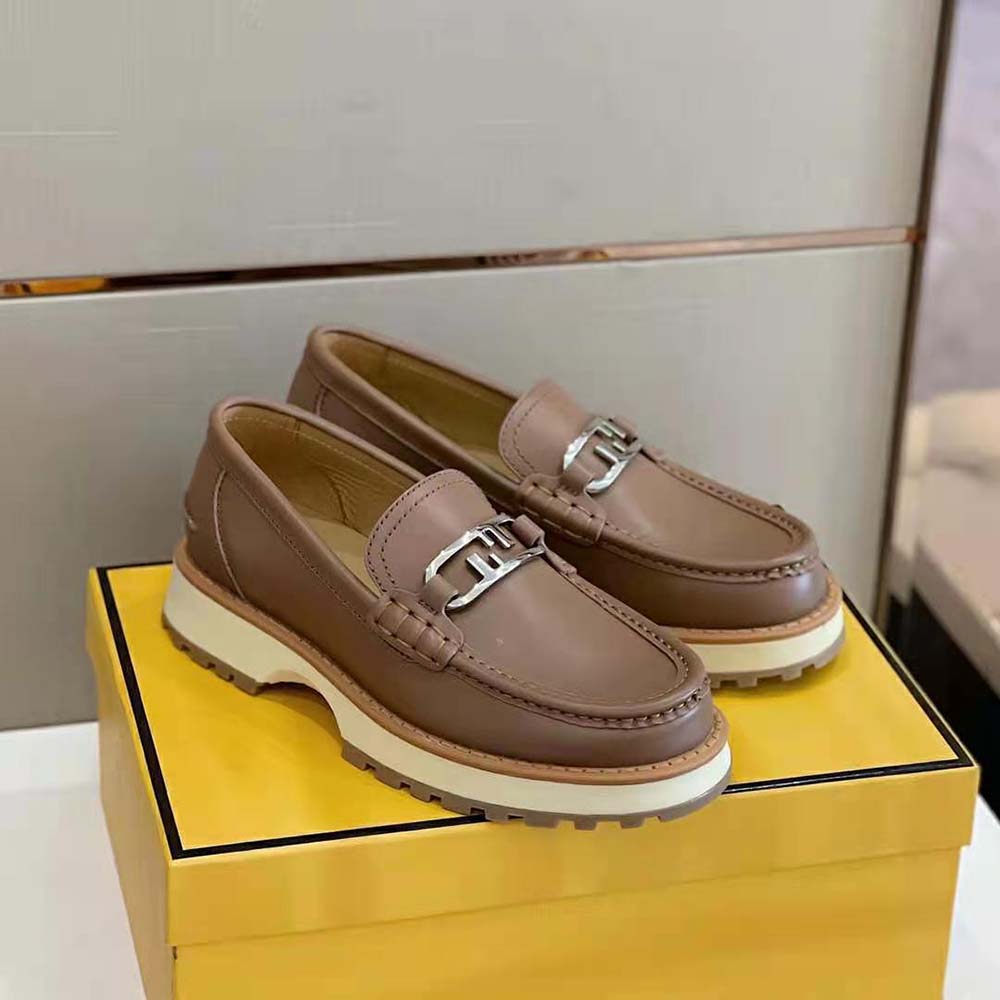Top view of Fendi Men O’Lock Loafers Brown Leather highlighting leather texture