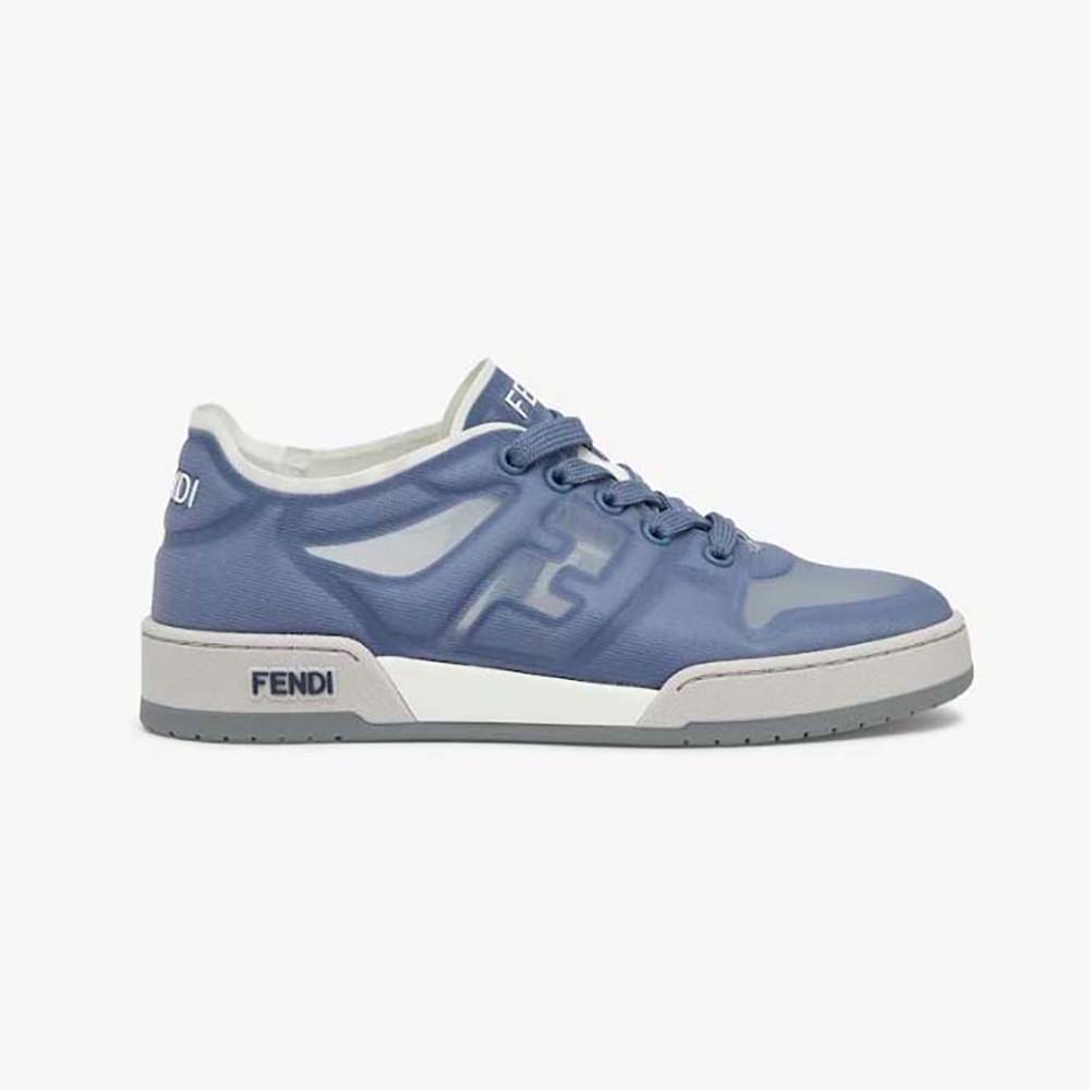 Side view of Fendi Unisex Match Blue Mesh Low Tops showing brown mesh and leather