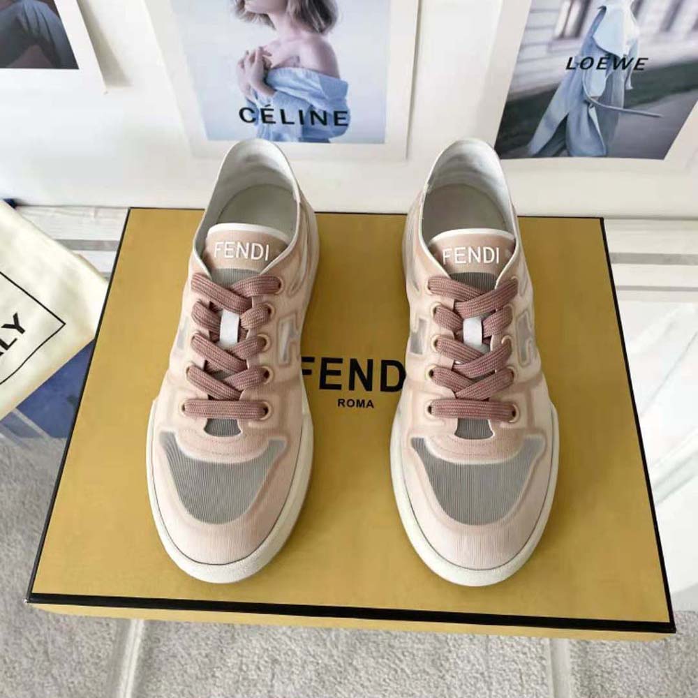 Top-down close-up of Fendi Unisex Match Pink Mesh Low Tops laces and logo