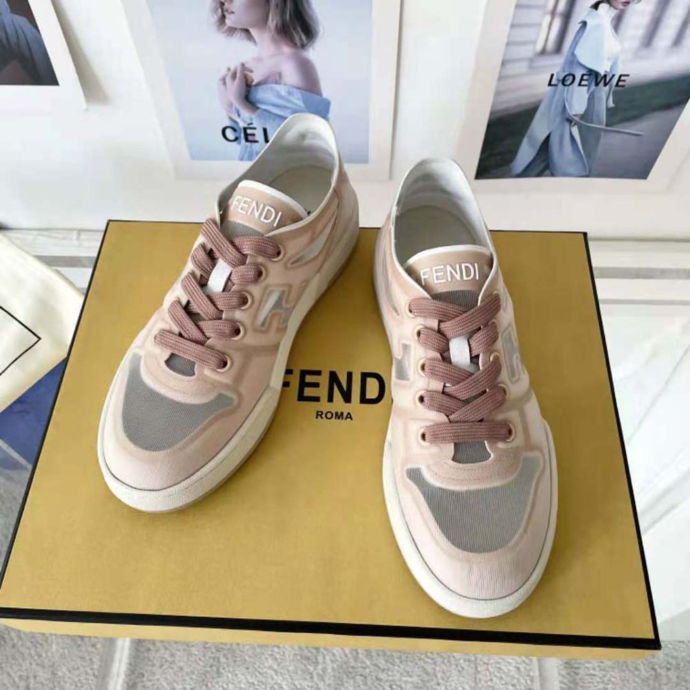 Rear angle of Fendi Unisex Match Pink Mesh Low Tops highlighting heel design