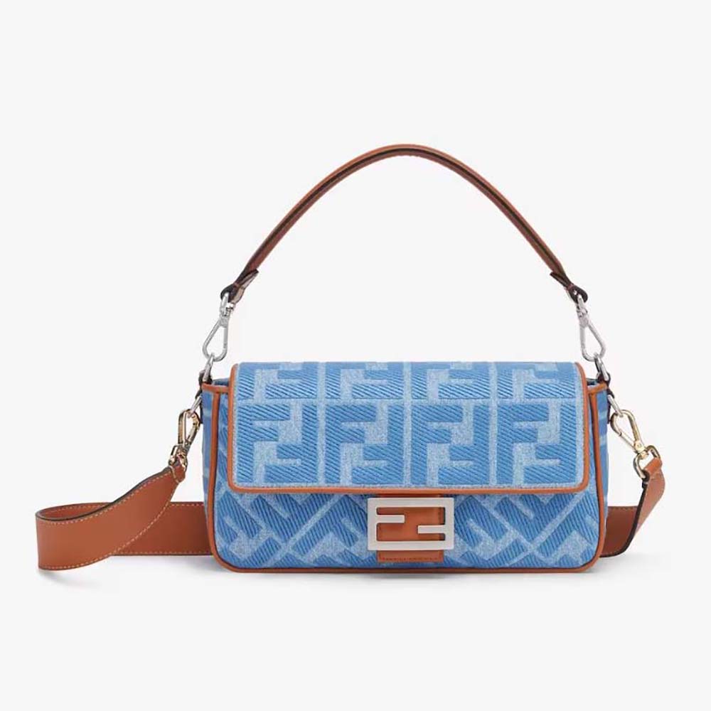 Fendi Women Baguette Light Blue Denim Bag front view with FF embroidery
