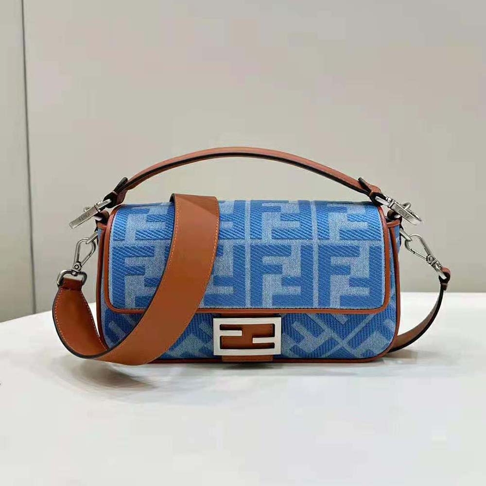 Close-up of Fendi Women Baguette Light Blue Denim Bag silver-tone hardware