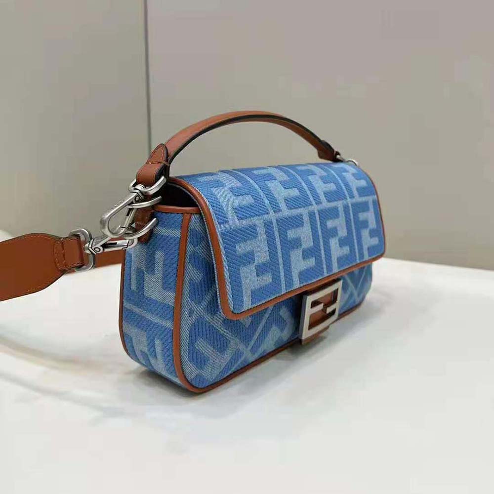 Fendi Women Baguette Light Blue Denim Bag with FF Embroidery - image 4