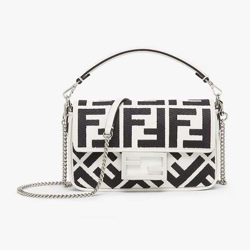 Front view of Fendi Women Baguette Mini White and Black Canvas Bag with FF embroidery