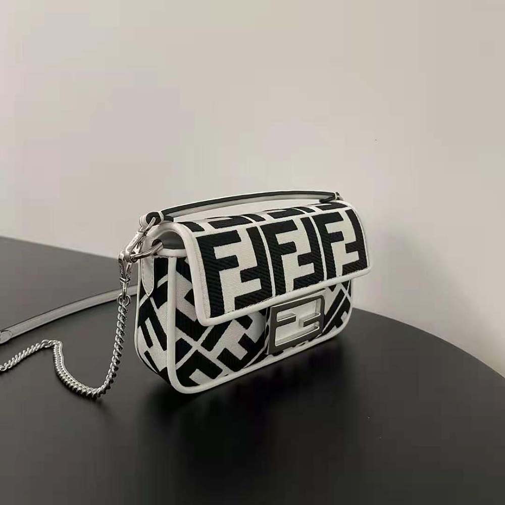 Fendi Women Baguette Mini White and Black Canvas Bag with FF Embroidery - image 4
