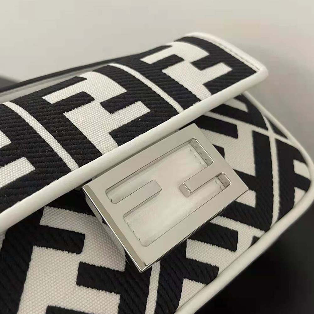 Fendi Women Baguette Mini White and Black Canvas Bag with FF Embroidery - image 6