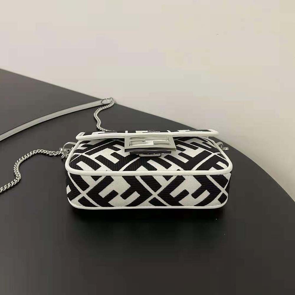 Fendi Women Baguette Mini White and Black Canvas Bag with FF Embroidery - image 5