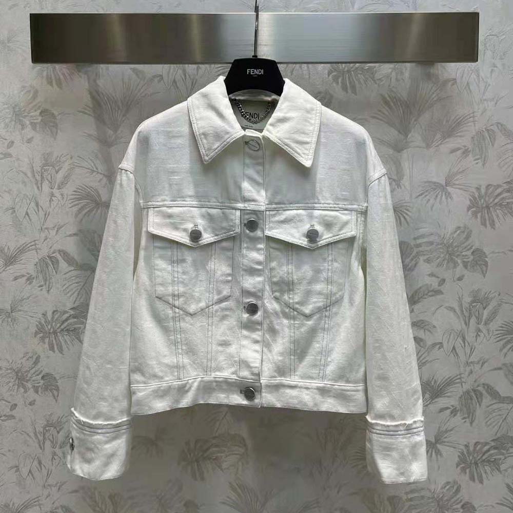 Close-up of signature logo buttons on Fendi White Denim Fendi by Marc Jacobs Jacket