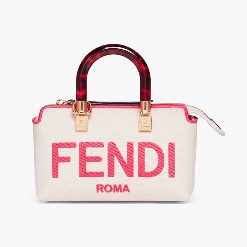 Front angle of Fendi Women By The Way Mini Beige Canvas Small Boston Bag