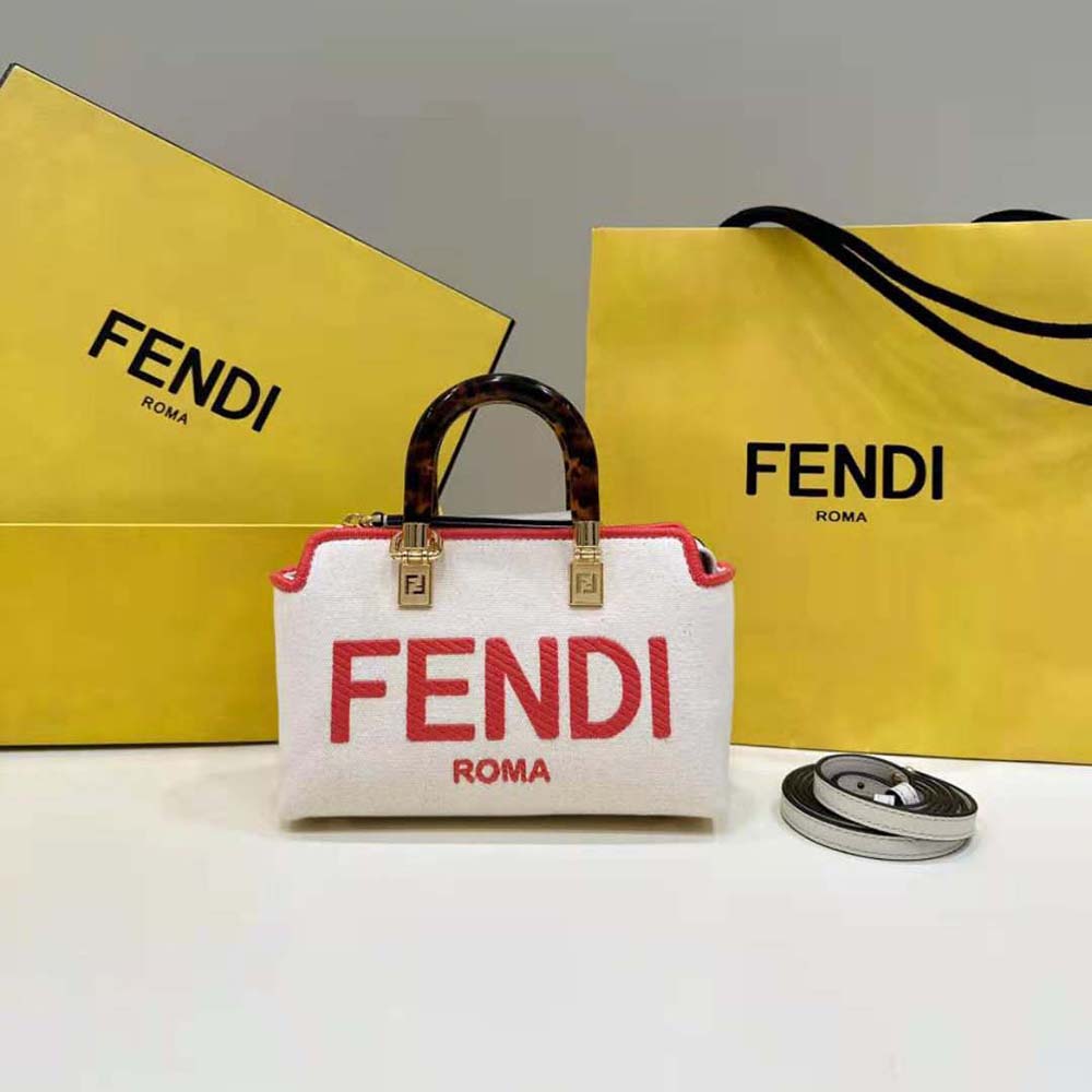 Close-up of gold hardware on Fendi Women By The Way Mini Beige Canvas Bag