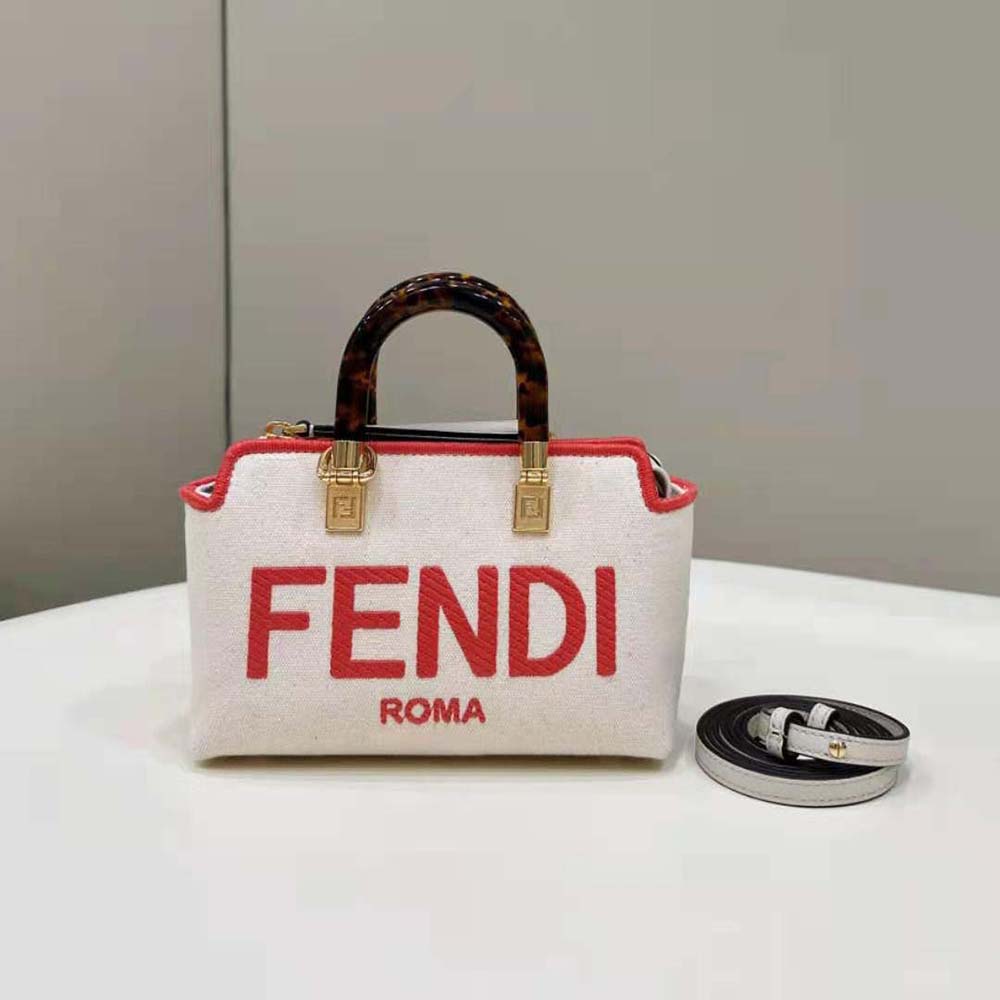 Side view showing structure of Fendi Women By The Way Mini Beige Canvas Bag