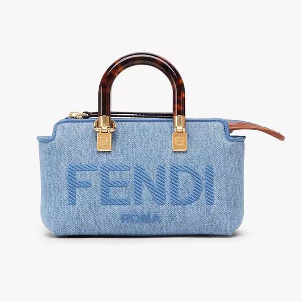Front angle of Fendi Women By The Way Mini Light Blue Denim Small Boston Bag