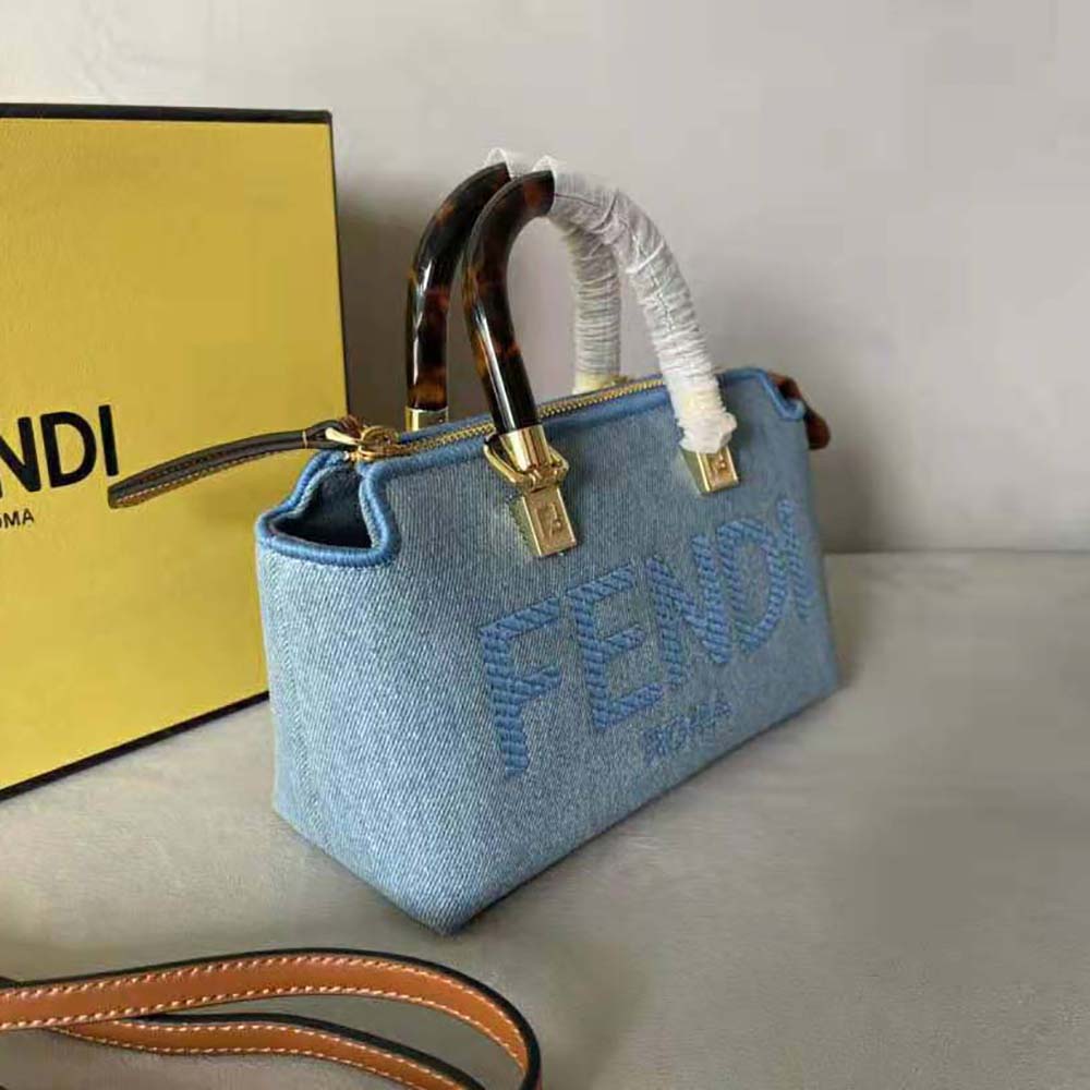 Fendi Women By The Way Mini Light Blue Denim Small Boston Bag - image 5