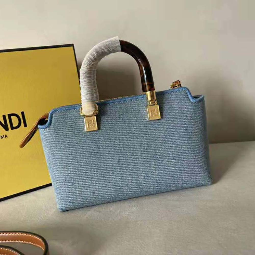 Fendi Women By The Way Mini Light Blue Denim Small Boston Bag - image 4
