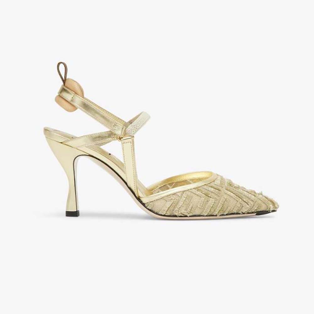 Side view of Fendi Women Colibrì Lite Gold Mesh High-Heeled Slingbacks
