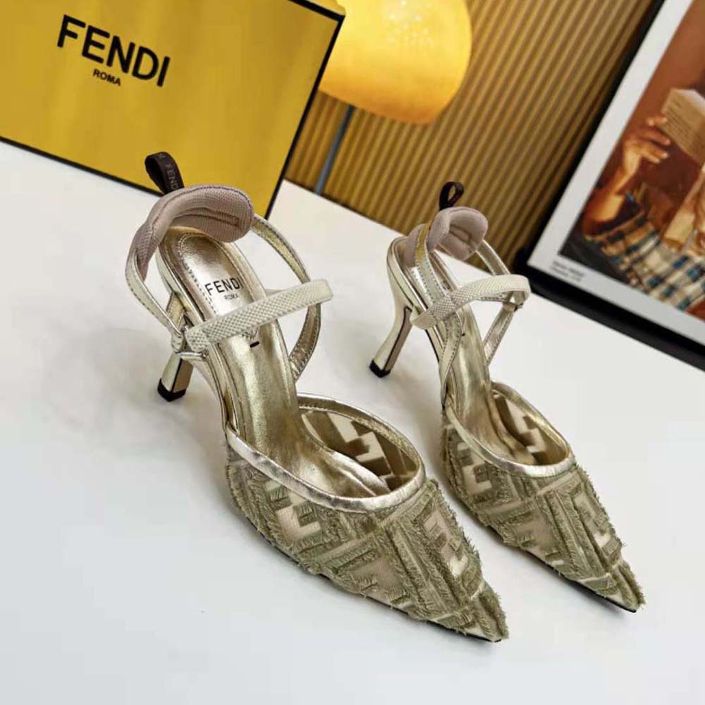 Rear angle showing heel height of Fendi Women Colibrì Lite Gold Mesh Slingbacks