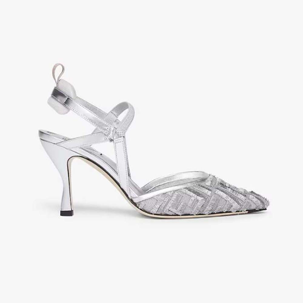 Side view of Fendi Women Colibrì Lite Silver Mesh High-Heeled Slingbacks
