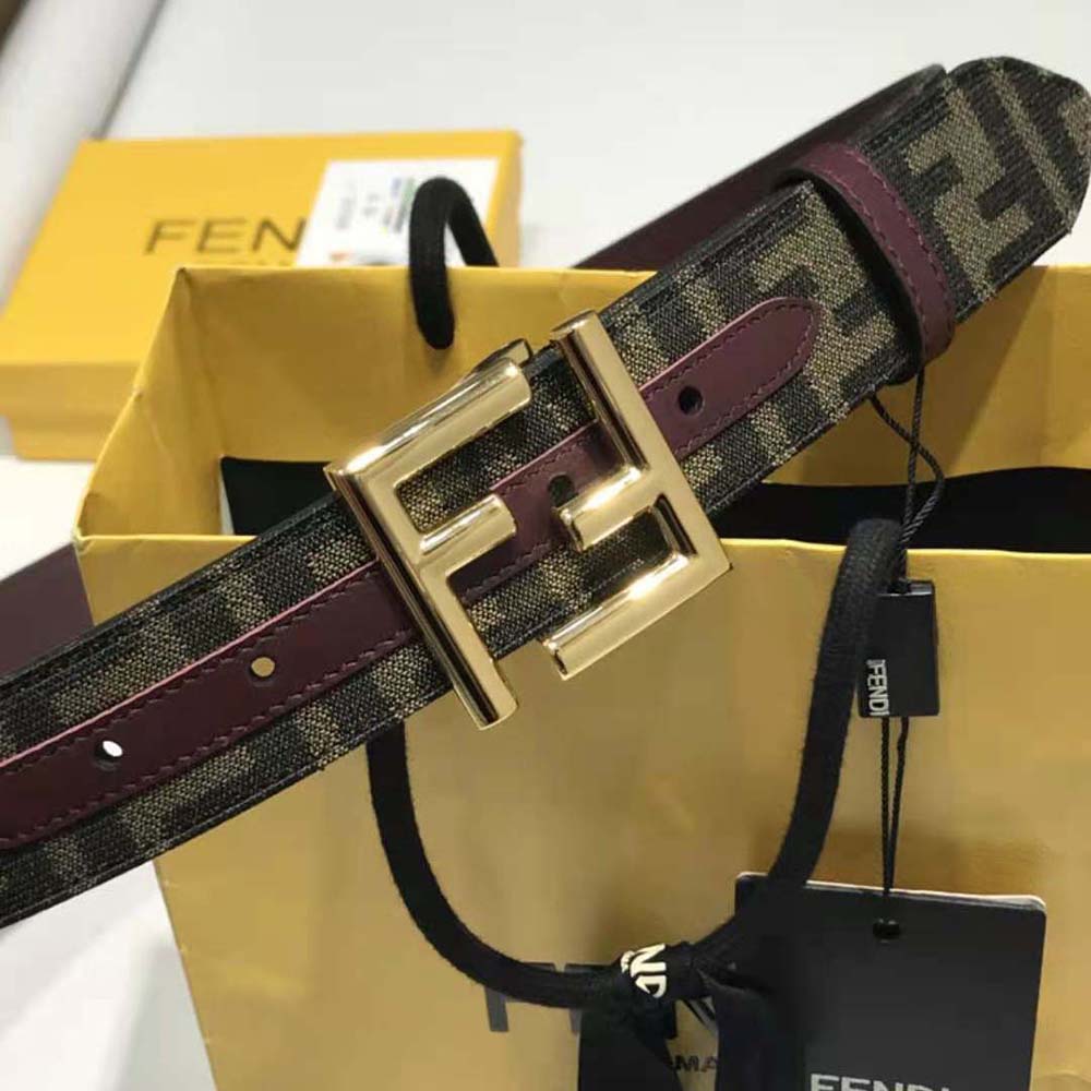 Side angle highlighting slim silhouette of Fendi Women Dove Gray FF Jacquard Fabric Belt