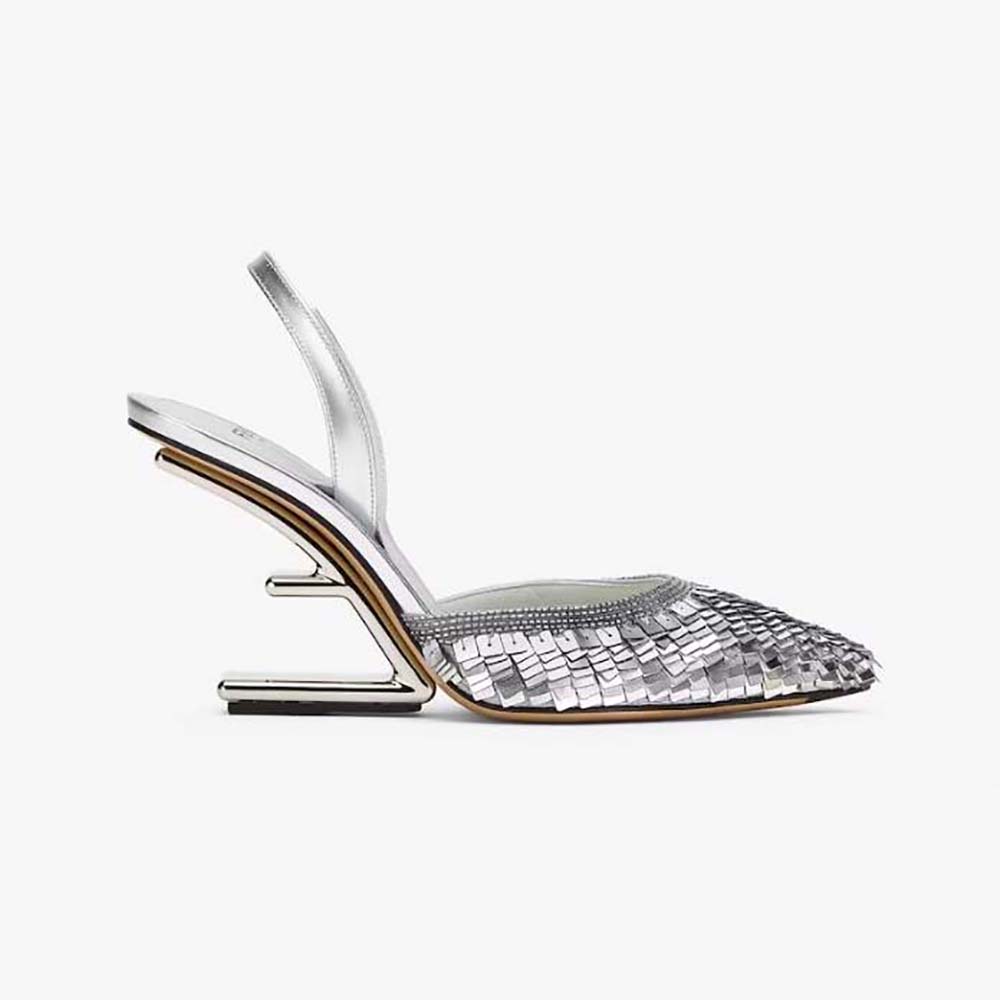 Side view of Fendi Women First Silver Sequin High-Heeled Slingback