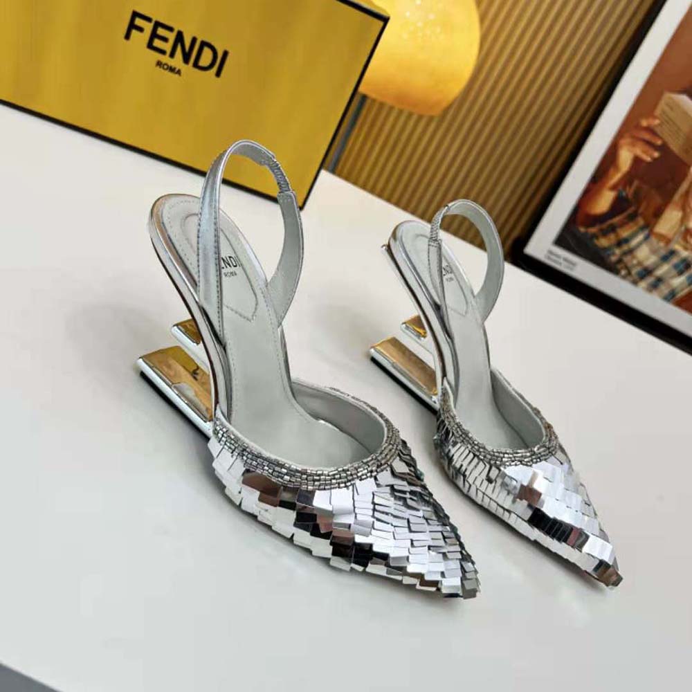 Rear angle showing slingback strap on Fendi Women First Silver Sequin sandal