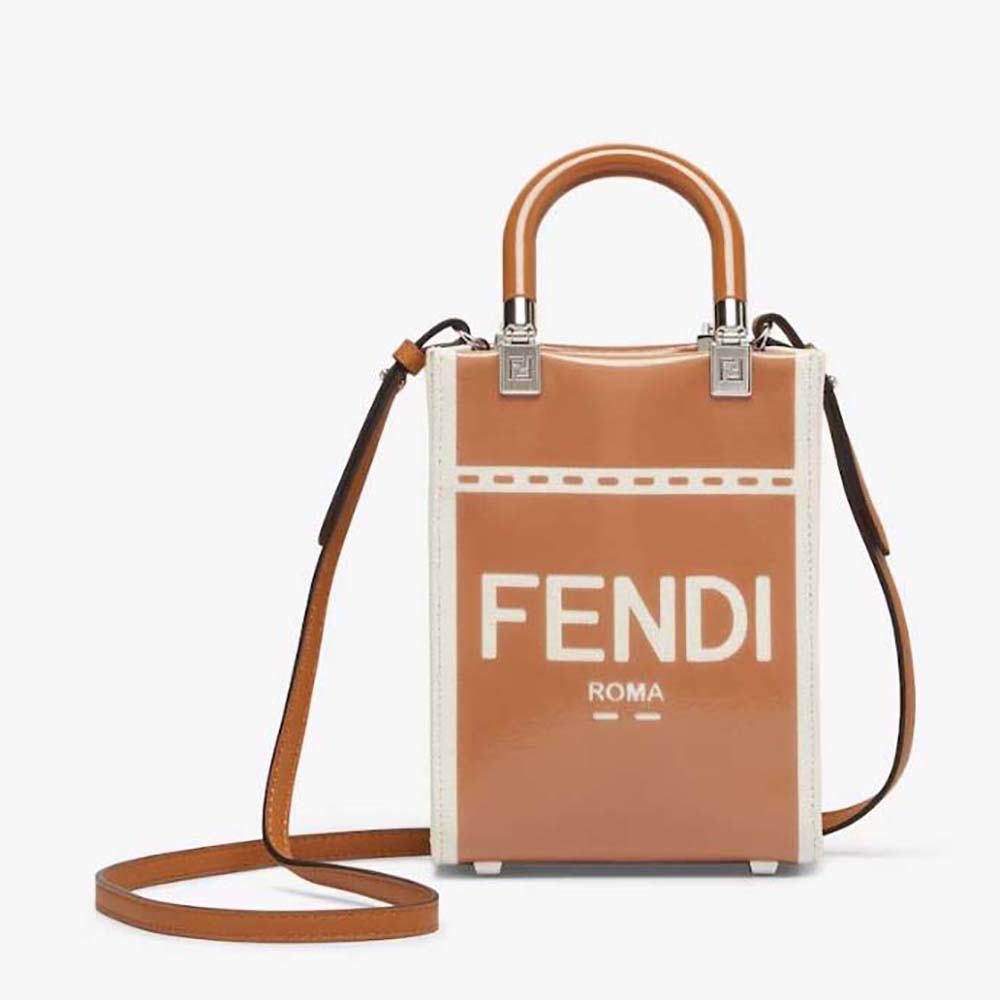 Front view of Fendi Women Mini Sunshine Shopper Brown Patent Leather and Canvas Mini-Bag