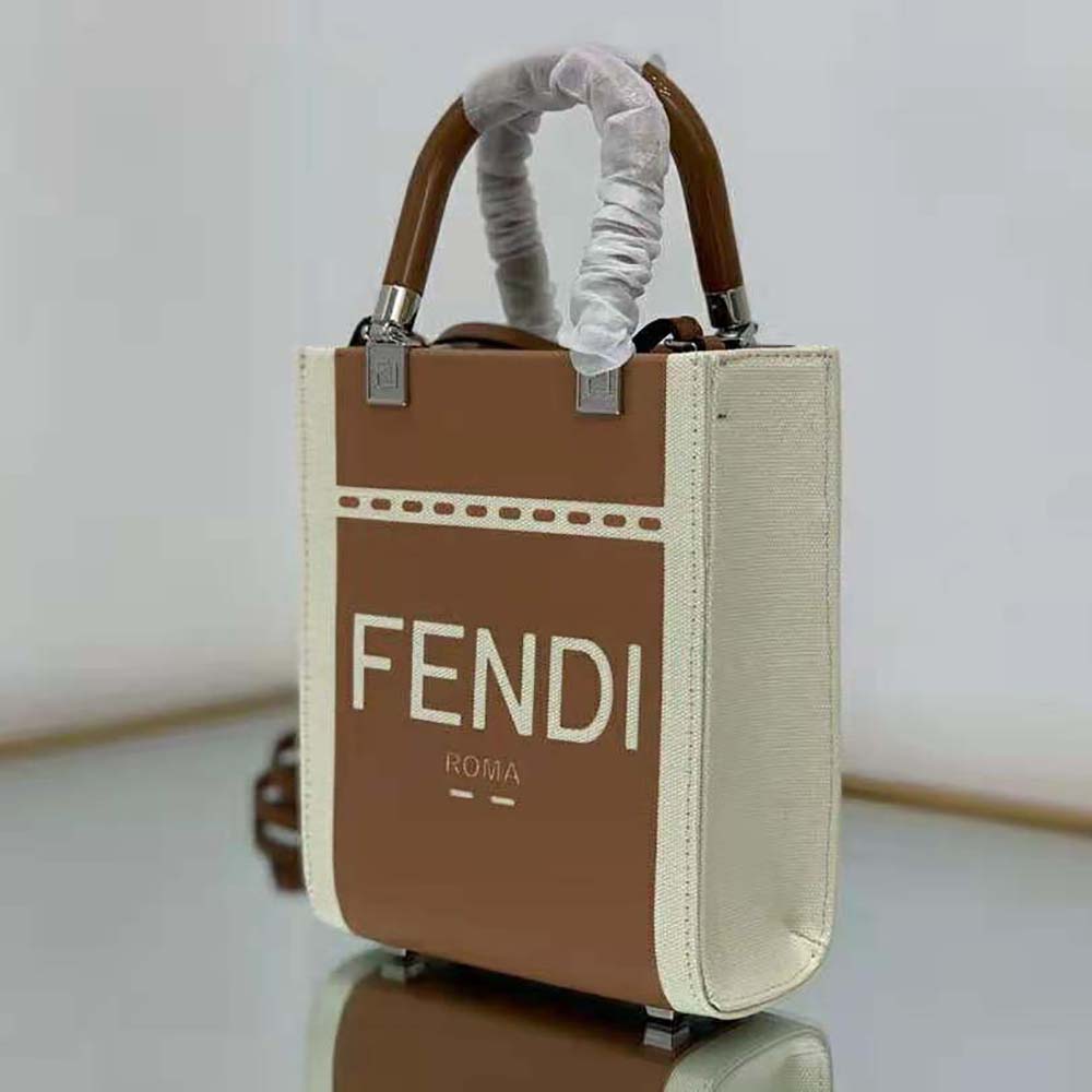 Fendi Women Mini Sunshine Shopper Brown Patent Leather and Canvas Mini-Bag - image 4